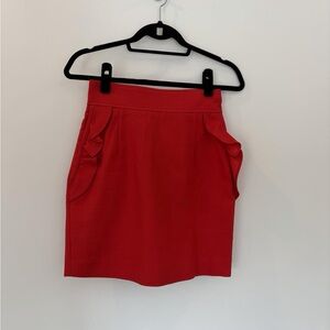 Sandro Red Pencil Skirt with Ruffle Pockets